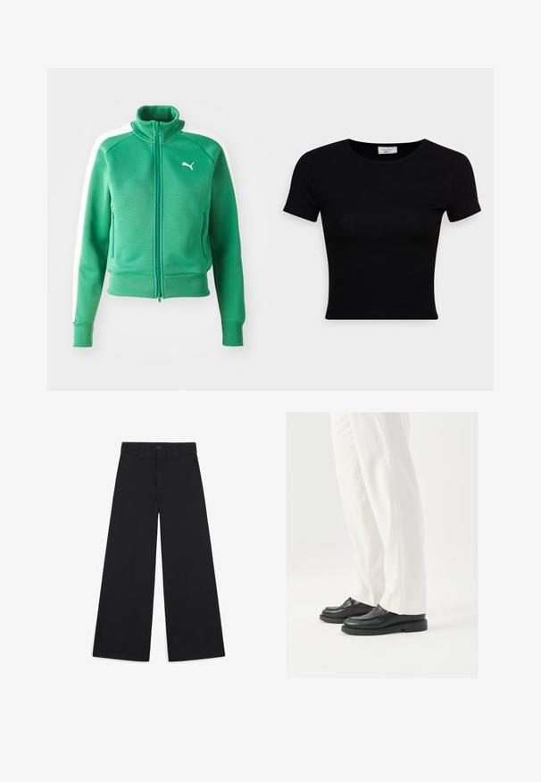 Sweat-shirt zippé vert en tissu texturé, avec des poignets et un ourlet côtelés, présentant des panneaux latéraux blancs et un logo blanc sur la poitrine.; T-shirt noir à manches courtes en coton lisse, avec un col rond et une coupe ajustée. Minimaliste, sans motifs visibles.; Pantalons noirs à jambe large en tissu tissé doux. Caractéristiques : plis pressés, passants de ceinture et finition soignée et ajustée.; Mocassins en cuir noir avec une texture lisse, des détails de couture et un bout arrondi, associés à un pantalon blanc ajusté.