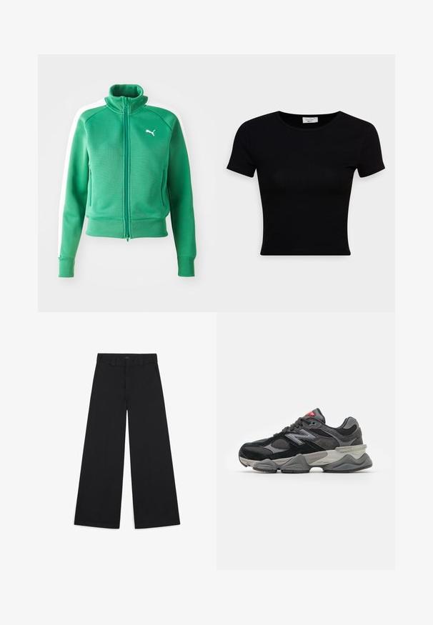 Zöld cipzáras kapucnis pulóver texturált anyagból, bordázott mandzsettákkal és alsó szegéllyel, fehér oldalsó panelekkel és fehér logóval a mellkason.; Fekete, rövid ujjú póló sima pamut anyagból készült, kerek nyakkivágással és testhezálló fazonnal. Minimalista, látható minták nélkül.; Széles szárú fekete nadrág, puha, szőtt anyagból készült. Jellemzői a gyűrt vonalak, övhurkok és az elegáns, szabott kivitel.; Fekete és szürke sportcipő, amely velúr és hálós anyagok keverékéből készült, vastag talppal, hangsúlyos logóval és piros akcentussal a nyelvén.