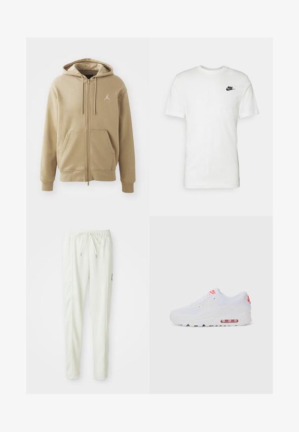 Beige hættetrøje med lynlås lavet af blødt stof, med en kengurulomme, to snore og et lille hvidt logo på den øverste venstre side.; Hvid bomulds t-shirt med korte ærmer, rund halsudskæring og et sort Nike-logo på venstre brystområde. Glat tekstur og klassisk pasform.; Hvide slim-fit joggerbukser med elastisk talje og snor, med side-søm-detaljer og en lille sort lap på det højre ben.; Hvide atletiske sneakers med en glat overdel, snørebåndslukning, polstret sål og en synlig luftenhed med røde akcenter på brandingen.