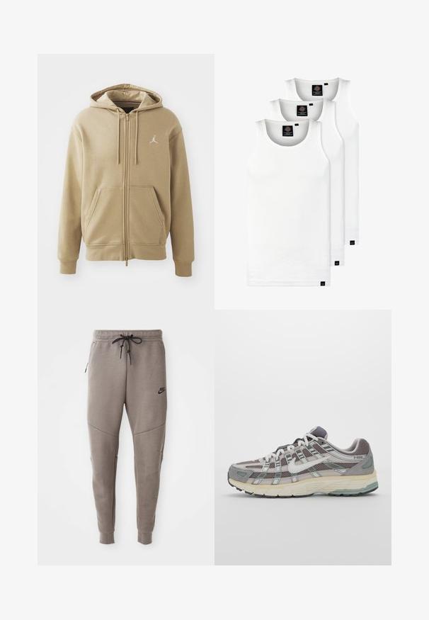 Sweatshirt bege com fecho éclair, feito de tecido macio, apresentando um bolso canguru, dois cordões e um pequeno logótipo branco no lado superior esquerdo.; Três tops em algodão de alças brancas com nervuras. Apresentam um decote redondo e pequenas etiquetas pretas perto da bainha. Disponíveis em vários tamanhos.; Calças de treino cinzentas da Nike com um cós elástico ajustável, pernas ajustadas, bolsos laterais e pormenores de costura distintos. Tecido suave e texturizado.; Sapatilha atlética cinza com parte superior em malha e camurça, detalhes brancos, sola acolchoada e um design distinto com elementos refletivos.