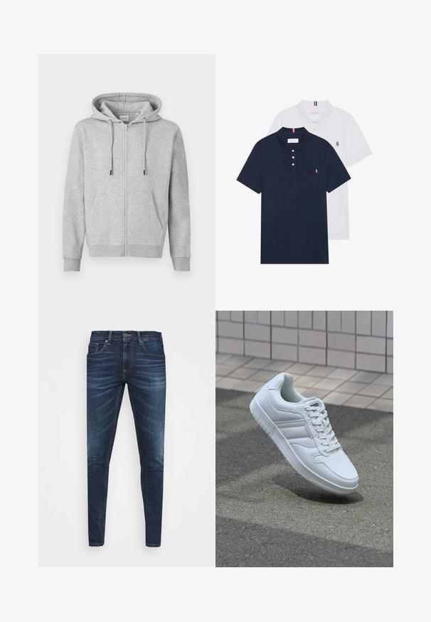 Grå zip-up hettegenser laget av mykt stoff, med snor i hetten, frontlommer og ribbestrikkede mansjetter. Glatt tekstur med minimal detaljer.; To polo skjorter: en marineblå og en hvit, begge med en liten rød, hvit og blå aksent på brystlommen og kragen.; Mørkeblå denimjeans med smal passform, subtil falming, fem lommer og metallknaplukking. Sømmer i kontrastfarge.; Hvit atletisk sneaker med glatt skinnoverside, snøring foran, perforert tå og mønstrets såle. Minimalistisk design med tre side-striper.