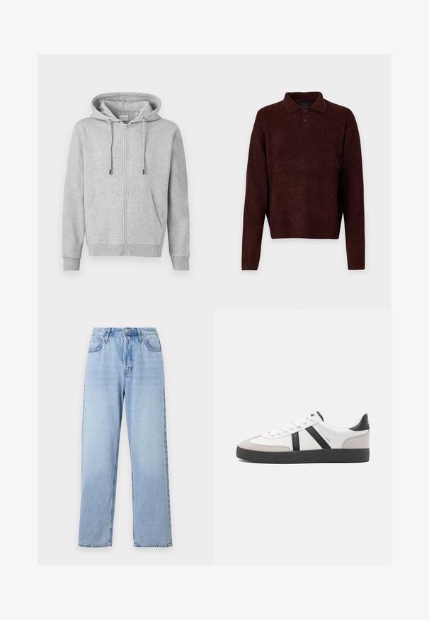 Šedá mikina s kapucí na zip vyrobená z měkké látky, s nastavitelnou kapucí, předními kapsami a žebrovanými manžetami. Hladký povrch s minimálními detaily.; Hnědý pletený pullover s polo límcem, třemi knoflíky na krku a dlouhými rukávy. Měkká textura, žebrované manžety a lem.; Světle modré džíny z denimu se rovný fit, vysokým pasem, pěti kapsami a uzávěrem na horní knoflík. Mají vybledlý vzhled a kontrastní prošívání.; Bílé tenisky s černými a šedými akcenty, opatřené texturovaným šedým prstovým krytem, černou gumovou podrážkou a plochými bílými tkaničkami. Čistý design, minimalistický styl.