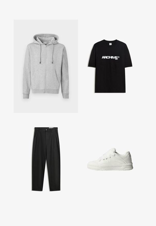 Hanorac gri cu fermoar, confecționat dintr-un material moale, având un glugă cu șnur, buzunare frontale și manșete ribbate. Textură netedă cu detalii minime.; Tricou din bumbac negru cu un logo alb "ARCHIVE inc." pe piept, mâneci scurte și guler rotund.; Pantaloni negri din bumbac cu croială lejeră, având un brâu clasic, plii frontale și buzunare laterale. Textură netedă fără modele.; Adidași albi cu un exterior din piele netedă, limbă căptușită, șireturi plate și accente texturate pe părțile laterale și pe toc.