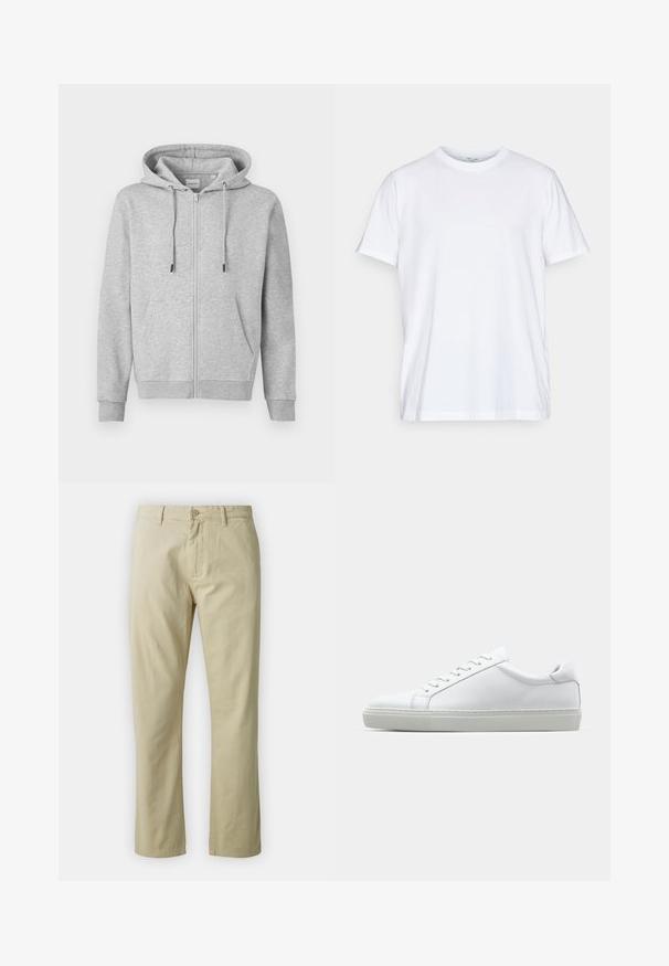 Gray zip-up hoodie made of soft fabric, featuring a drawstring hood, front pockets, and ribbed cuffs. Smooth texture with minimal detailing.; White cotton t-shirt with short sleeves, round crew neckline, and a relaxed fit. Features minimalistic design, no patterns or accents.; Beige cotton trousers with a straight-leg design, front button closure, and belt loops. Smooth texture, no visible patterns or accents.; White sneaker with a smooth leather upper and a low profile. Features a rounded toe, six eyelets, and a textured rubber sole.
