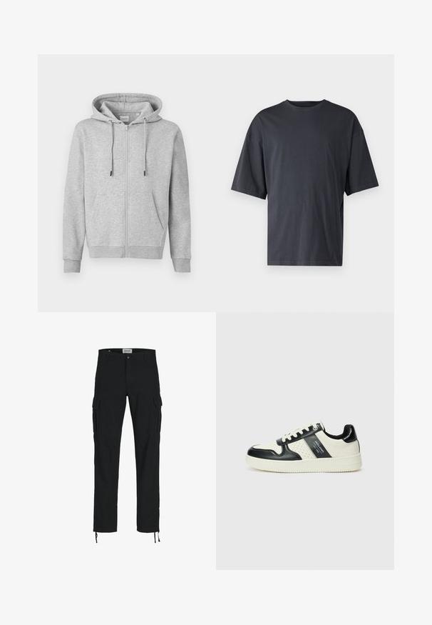 Hall nguulema musta kapuutsiga, pehmest kangast, joontega kapuuts, ees taskud ja soonikkoes mansetid. Sile tekstuur, minimaalne disain.; Tumehall lühikeste varrukatega T-särk, mis on valmistatud kerge puuvilla segust, laia lõikega ja klassikalise ümmarguse kaelusega, täiesti sile ja ilma mustriteta.; Mustad mustad püksid sirge lõikega, külje taskutega, nööbiga kinni ja elastsete paeltega pahkluudes. Valmistatud vastupidavast kangast.; Nahatud nahkkingad musta ja kreemi värviskeemiga, millel on perforeeritud aktsendid, pehme krae ja tekstureeritud tallad.