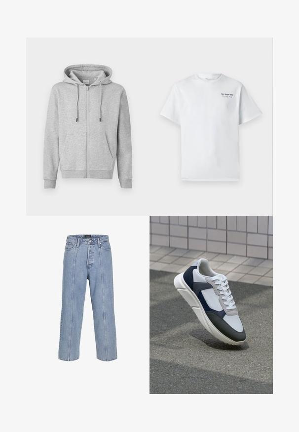 Pelēka virsjaka ar rāvējslēdzēju, izgatavota no mīksta auduma, ar kapuci, kas viegli regulējama ar auklu, priekšējām kabatām un ribinātām piedurknēm. Gluda struktūra ar minimālu dizainu.; Balts kokvilnas T-krekls ar īsām piedurknēm, apaļu dekoltē, ar mazu melnu teksta logotipu "J&J kopš 1990. gada Sabiedrības klubs" uz krūtīm.; Gai zilos džinsus ar brīvu piegriezumu, platām kājām un redzamām šuvēm. Iespējams, pogu un rāvējslēdzēja aizdare, pieci kabatas.; Balti, tumši zili un pelēki sporta apavi ar jauktu materiālu dizainu, kuram ir teksturēts augšdaļa, plakani šņores un mīkstināta zole.