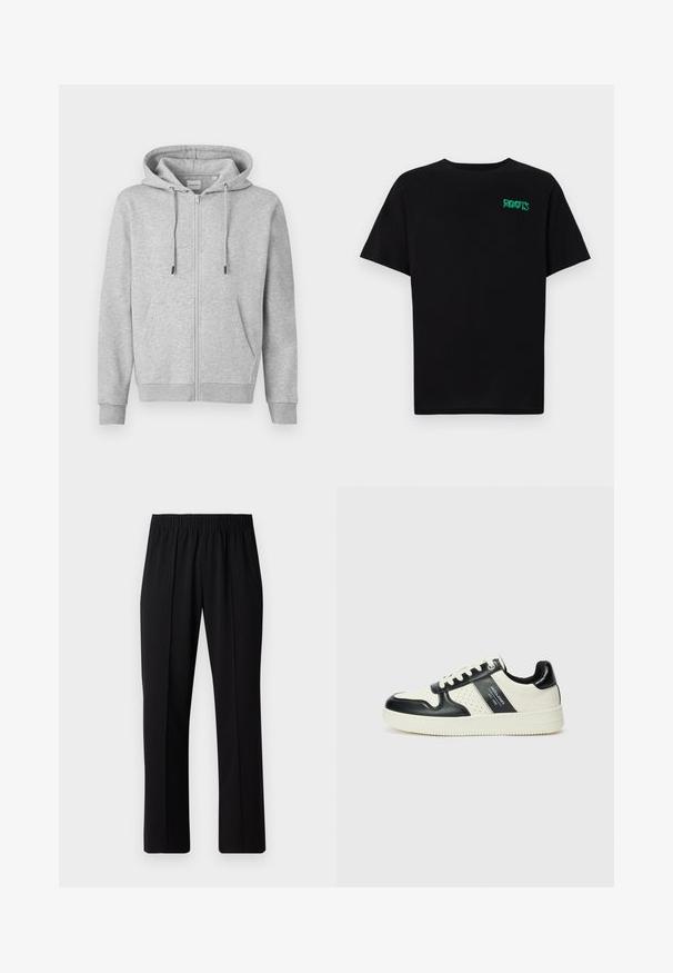 Felpa grigia con zip realizzata in materiale morbido, dotata di cappuccio con coulisse, due tasche frontali e polsini e orlo a costa.; T-shirt nera in cotone con maniche corte. Presenta un logo verde "ROOTS" sulla parte frontale, colletto rotondo e vestibilità standard.; Pantaloni neri con vita elasticizzata e design a gamba dritta, caratterizzati da una texture liscia e senza motivi o hardware visibili.; Sneakers in pelle con una combinazione di colori nero e crema, dotati di dettagli perforati, collare imbottito e suola testurizzata.