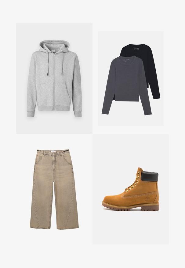 Felpa grigia con zip realizzata in materiale morbido, dotata di cappuccio con coulisse, due tasche frontali e polsini e orlo a costa.; YOURTURN 2 PACK UNISEX - Maglietta a manica lunga - dark grey/black; PULL&BEAR MEGA BAGGY - Jeans baggy - light grey; Stivale alla caviglia in suede tan con collare imbottito nero, occhielli in metallo dorato, dettagli in cucitura bianca e suola in gomma robusta con battistrada pronunciato.