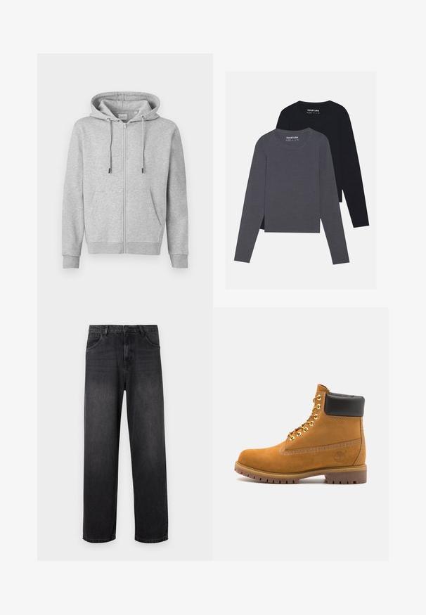 Felpa grigia con zip realizzata in materiale morbido, dotata di cappuccio con coulisse, due tasche frontali e polsini e orlo a costa.; YOURTURN 2 PACK UNISEX - Maglietta a manica lunga - dark grey/black; Jeans in denim grigio scuro con un design a gamba dritta, dotati di zip, cinque tasche e dettagli di sbiadimento sottili sul tessuto.; Stivale alla caviglia in suede tan con collare imbottito nero, occhielli in metallo dorato, dettagli in cucitura bianca e suola in gomma robusta con battistrada pronunciato.