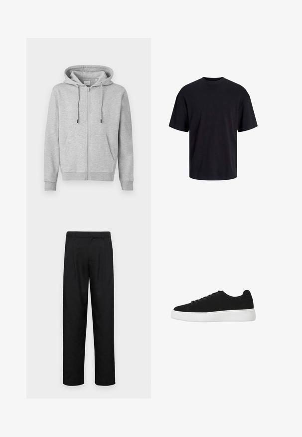 Grå zip-up hoodie gjord av mjukt material, med dragsko huva, framfickor och ribbade ärmslut. Slät yta med minimal detaljering.; Svart bomullströja med rundad halsringning, korta ärmar och avslappnad passform. Slät textur utan synliga mönster eller detaljer.; Svarta byxor i slät väv, med rak ben-design, två framfickor och standardmidja med bälteshällor.; Svart mockaskor med rund tå, snörning fram och vit gummisula. Enkelt design med minimala accenter och mjuk textur.