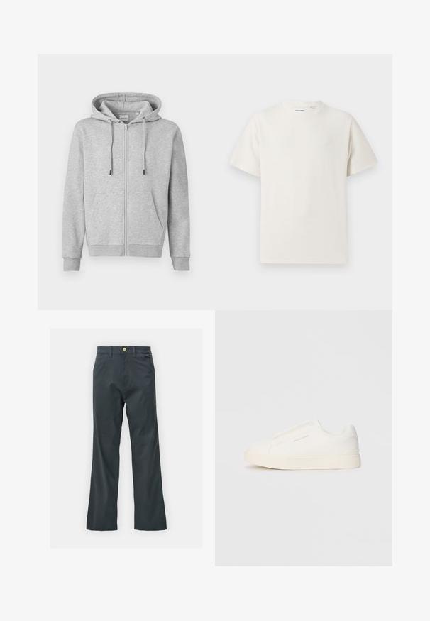 Pelēka virsjaka ar rāvējslēdzēju, izgatavota no mīksta auduma, ar kapuci, kas viegli regulējama ar auklu, priekšējām kabatām un ribinātām piedurknēm. Gluda struktūra ar minimālu dizainu.; Balta krūštura īsām piedurknēm ar ribota auduma faktūru. Apaļš kakla izgriezums, brīvs griezums, bez redzamām rakstām vai akcentiem. Vienkāršs un daudzpusīgs dizains.; Melnas bikses ar taisnu kāju griezumu, izgatavotas no kokvilnas maisījuma auduma. Tām ir metāla pogas aizdare un sānu kabatas. Nav redzamu rakstu.; Baltas slip-on sporta apavi ar teksturētu virsmu, biezu zoli un minimālistisku dizainu. Sānos redzams zīmola logotips.