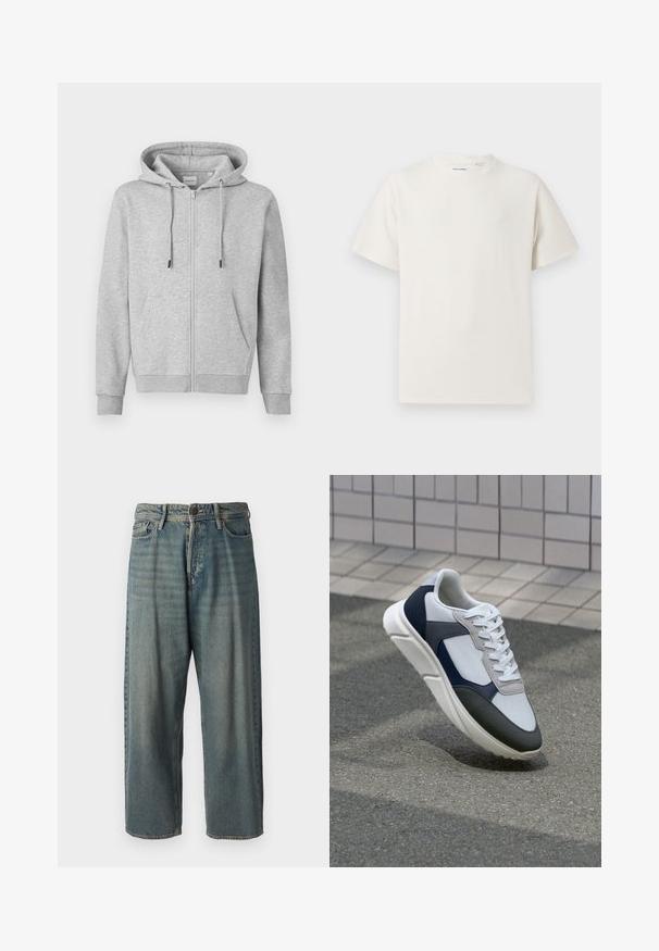 Szara bluza na suwak wykonana z miękkiego materiału, z kapturem na sznurki, dwoma przednimi kieszeniami oraz ściągaczami na mankietach i u dołu.; Biała krótka koszulka z krótkim rękawem o żebrowanej fakturze. Okrągły dekolt, luźny krój, brak widocznych wzorów lub akcentów. Prosty i uniwersalny design.; Jasnoniebieskie dżinsy o luźnym kroju, średnim stanie i prostych nogawkach. Posiadają pięć kieszeni, szlufki na pasek oraz zapięcie na guzik.; Białe, granatowe i szare sneakersy o mieszanej konstrukcji, z teksturowanym wierzchem, płaskimi sznurowadłami i amortyzowaną podeszwą.