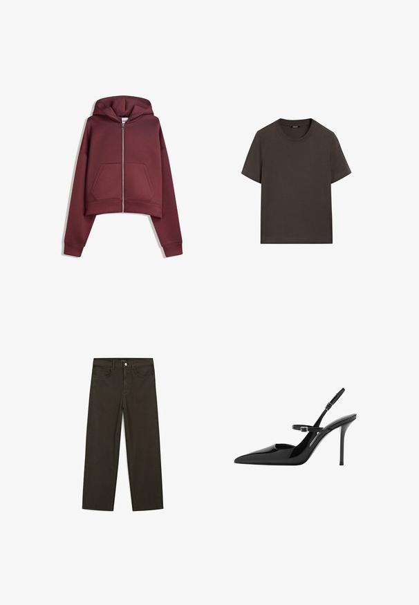 Felpa cropped zip-up bordeaux con tasche frontali e maniche lunghe, esposta piatta su uno sfondo bianco.; T-shirt corto marrone scuro in cotone. Presenta un collo tondo e una vestibilità comoda, senza motivi o accenti visibili.; Jeans a gamba larga di colore verde scuro, realizzati in tessuto misto cotone, dotati di chiusura con bottone frontale, cinque tasche e cuciture classiche in denim.; Slingback in vernice nera con tacco a stiletto, punta affusolata e cinturino regolabile. Superficie liscia con finitura lucida.