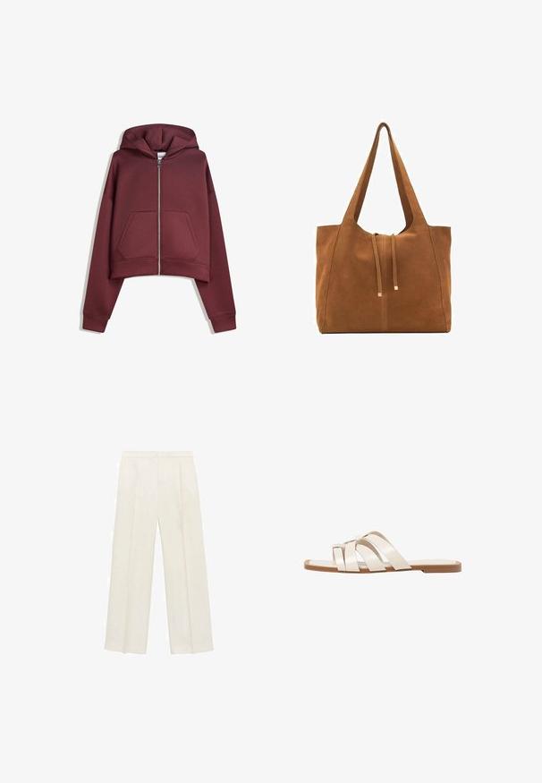 Burgundská skrátená mikina na zips s prednými vreckami a dlhými rukávmi, vystavená plochá na bielom pozadí.; Biely bavlnený tričko s krátkym rukávom a okrúhlym výstrihom. Jednoduchý dizajn, voľný strih, hladká textúra. Žiadne vzory ani akcenty nie sú viditeľné.; Široké nohavice vo svetlej krémovej farbe. Vyrobené z hladkej látky s skladmi vpredu a bočnými vreckami.; Ploché sandále s hnedou gumovou podrážkou, navrhnuté s tromi prekrývajúcimi sa bielymi koženými popruhmi a malou mašličkou uprostred.; Hnedá semišová taška cez rameno s dvoma dlhými popruhmi, sťahovacou šnúrkou a minimalistickým dizajnom. Hladký povrch a žiadne viditeľné kovové doplnky.
