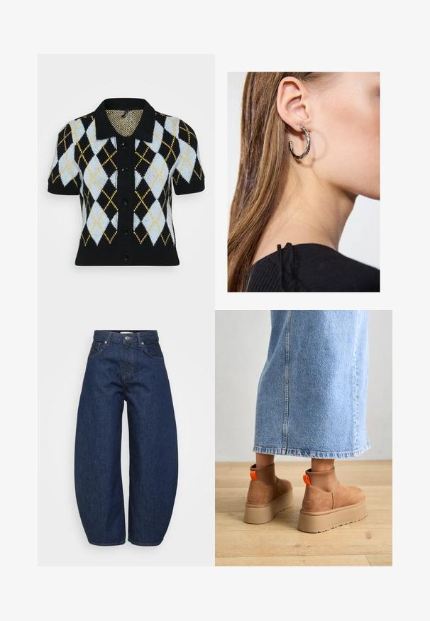 Black short-sleeve cardigan featuring an argyle pattern of light blue, white, black, and yellow. Button-up front with a collar. Textured knit fabric.; Even&Odd Petite 2 PACK - Top - light grey/black; Dark blue denim jeans with a wide, relaxed fit. Features a zip fly, four pockets, and contrasting stitching along seams.; Brown suede platform boots with elastic side panels and orange pull tabs, paired with a knee-length light denim skirt on a wooden floor.; Silver hoop earring with a polished finish, featuring small gold accent details and a round shape, worn on the lobe.
