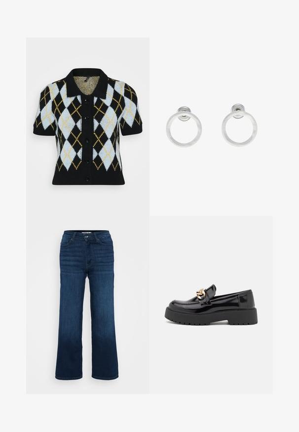 Lyhythihainen musta neuletakki, jossa on vaaleansiniharmaa, valkoinen, musta ja keltainen rombikuvio. Napitus edessä ja kaulus. Rakenne- neulekangas.; Even&Odd Petite 2 PACK - Toppi - light grey/black; ONLY Petite ONLMADISON BLUSH WIDE - Leveälahkeiset - dark blue denim; Musta kiiltonahasta valmistettu loaferit, joissa on paksu musta pohja ja kultaiset yksityiskohdat. Tasainen pinta ja pyöristetty kärki.; Hopeista valmistetut korvakorut, joissa on harjattu pinta, ympyrän muotoinen muotoilu ja kirkas varsi takana, joka takaa turvallisen käytön.