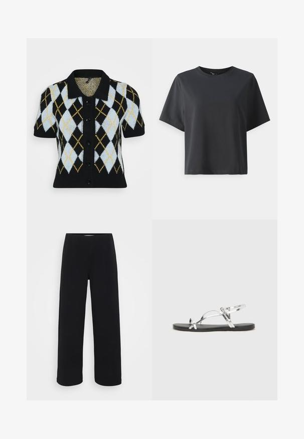 Juodas trumpas rankovėmis kardiganas, puoštas šviesiai mėlynos, baltos, juodos ir geltonos spalvų argyle raštu. Mygtukų užsegimas priekyje su apykakle. Strukturizuota mezgimo medžiaga.; Juodas medvilnės marškinėliai, trumpomis rankovėmis, apvaliu kaklu, laisvas kirpimas, lygus paviršius, paprastas dizainas, be raštų ar akcentų.; Juodos plačios kelnės su elastingu juosmeniu. Pagamintos iš tekstūruotos medžiagos, turi laisvą siluetą ir tiesų kirpimą nuo klubų iki krašto.; Sidabriniai metaliniai sandalai su minimalistiniu dizainu, turintys plonas dirželius ir juodą plokščią padą. Išskirtinai pabrėžiami kryžminiai dirželių akcentai.