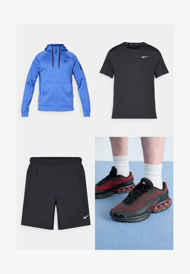Mėlyna Nike zip-up džemperis su juodomis raištelėmis, šoniniais kišenėmis, kišenė ant rankovės su užtrauktuku ir juodu Nike logotipu ant krūtinės.; Juodas Nike bėgimo marškinėlis, pagamintas iš lengvos, kvėpuojančios medžiagos, turintis trumpas rankoves ir mažą baltą logotipą ant krūtinės.; Juodos sportinės šortai, pagaminti iš lengvos medžiagos, su elastingu juosmeniu. Ant apatinės kairės pusės yra mažas baltas Nike logotipas.; Juodos ir raudonos sportinės bateliai su tinkliniu viršumi, tekstūriniais raštais ir raudonais oro amortizacijos akcentais ant pado. Matomos baltos kojinės.