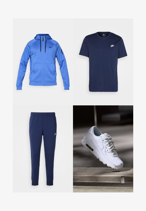 Blauer Nike Hoodie mit Reißverschluss, schwarzen Kordeln, seitlichen Taschen, einer Reißverschluss-Tasche am Ärmel und schwarzem Nike-Logo auf der Brust.; Marineblaues Baumwoll-T-Shirt mit Rundhalsausschnitt und kurzen Ärmeln. Verfügt über ein weißes Nike-Logo auf der linken Brust und einen geraden Saum.; Marineblaue Nike-Sweatpants aus weichem Baumwoll-Mix, mit einem elastischen Bund, schmal zulaufenden Beinen und einem kleinen weißen Logo an der Seite.; Weiße Lederturnschuhe mit strukturierten Oberflächen, gepolstertem Kragen und sichtbarer Luftpolsterung in der Sohle. Verfügt über Schnürsenkel und ein minimalistisches Design.