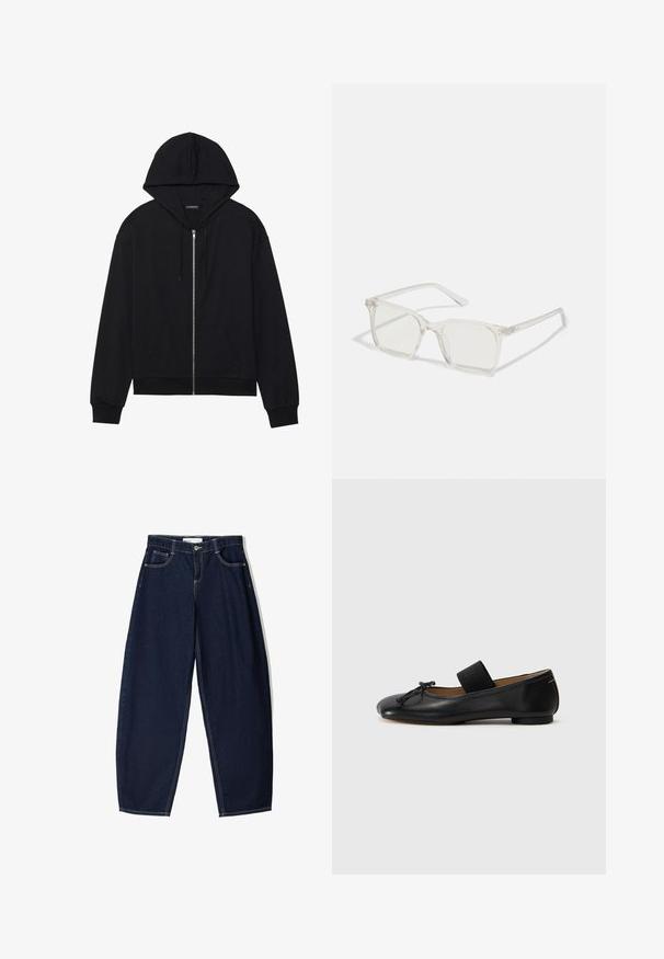 Crni dukserica sa zatvaračem sprijeda, prednjim džepom, kapuljačom sa šnuricama, i rebrastim manžetama i donjim rubom. Napravljena od mekanog materijala s glatkom teksturom.; HUGO GIFT GIVING 2 PACK - Top - blue/black; Tamno plave traperice s opuštenim krojem, s pet džepova, kontrastnim šavovima i zatvaranjem na zipu sprijeda.; Crne kožne balerinke s okruglim vrhom, malim čvorom kao detaljem i elastičnom trakicom preko đona za sigurno pristajanje. Ravni potplat.; Prozirne plastične naočale kvadratnog okvira s prozirnim lećama, koje sadrže zlatne akcentne detalje na drškama.