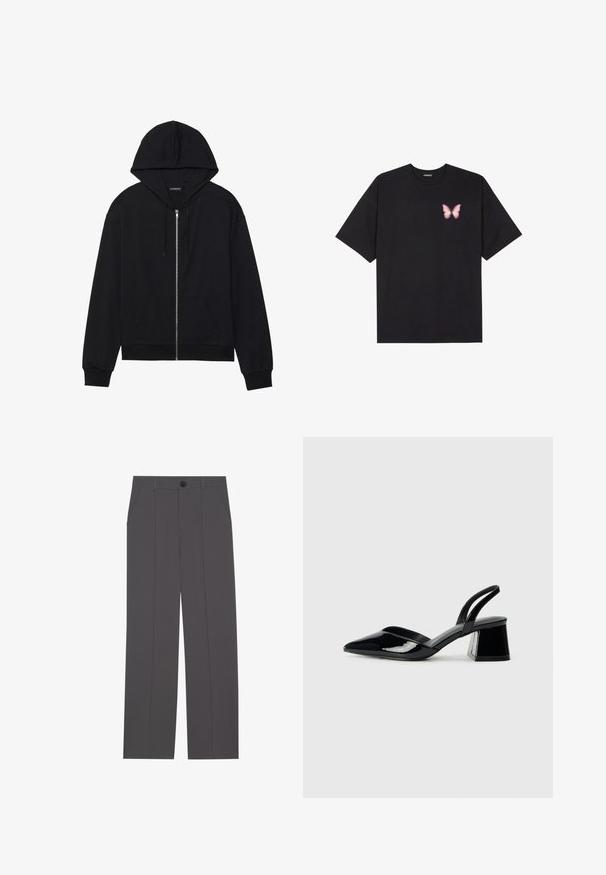 Crni dukserica sa zatvaračem sprijeda, prednjim džepom, kapuljačom sa šnuricama, i rebrastim manžetama i donjim rubom. Napravljena od mekanog materijala s glatkom teksturom.; Crna pamučna majica s kratkim rukavima, s malim grafičkim prikazom ružičaste vjetricaste s desne strane na prsima. Dizajn s okruglim izrezom i opuštenim krojem.; Sive hlače s ravnim krojem, koje imaju dva bočna džepa i dugme za zatvaranje. Glatka tkanina bez vidljivih uzoraka ili akcenata.; Crne lakirane kožne sandale s otvorenom petom i špicastim vrhom, s geometrijskom blok petom. Imaju elegantan, minimalistički dizajn i glatku teksturu.