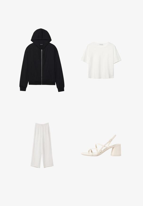 Črna zip-up kapuca z sprednjim žepom, kapuco z vrvico, rebrastimi manšetami in robom. Izdelana iz mehkega materiala z gladko teksturo.; Bela kratka majica s kratkimi rokavi iz bombaža. Ima okroglo izrezovanje in sproščen kroj. Gladka tekstura brez vidnih vzorcev ali poudarkov.; Bele široke hlače iz lahkega materiala. Imajo elastičen pas s vrvico in stranske žepe. Gladka tekstura.; Bež sandali na peto s tankimi, križnimi trakovi, odprtimi prsti in kvadratno blok peto. Gladek patentiran zaključek, nastavljiv trak okoli gležnja.