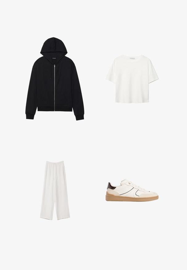 Crni dukserica sa zatvaračem sprijeda, prednjim džepom, kapuljačom sa šnuricama, i rebrastim manžetama i donjim rubom. Napravljena od mekanog materijala s glatkom teksturom.; Bijela majica kratkih rukava od pamuka. Ima okrugli izrez i opušteni kroj. Glatka tekstura bez vidljivih uzoraka ili naglasaka.; Bijele hlače širokih nogavica napravljene od lagane tkanine. Imaju elastičan pojas s ušicom i bočne džepove. Glatka tekstura.; Stradivarius Tenisice - white