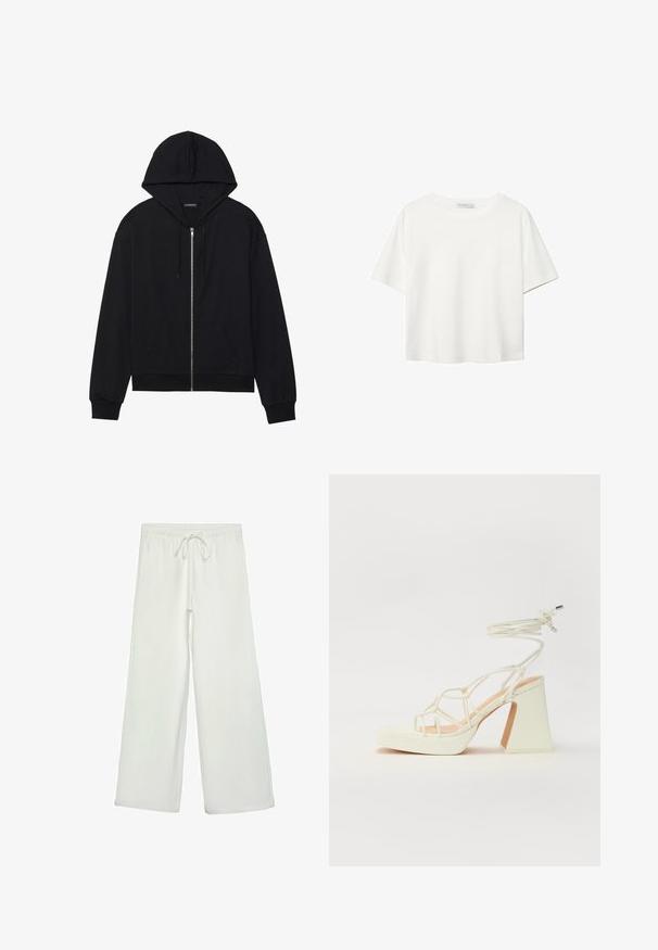 Černá mikina na zip s přední kapsou, kapucí na šňůrku, žebrovanými manžetami a lemem. Vyrobena z měkkého materiálu s hladkou texturou.; Bílý krátký rukáv tričko vyrobené z bavlny. Má kulatý výstřih a volný střih. Hladký materiál bez viditelných vzorů nebo akcentů.; Bílé kalhoty s širokými nohavicemi vyrobené z měkké tkaniny. Mají elastický pas se stahovací šňůrkou a hladkou strukturu. Žádné viditelné vzory ani kovové prvky.; Bílé sandály na vysokém podpatku s robustním podpatkem, s designem s pásky a zavazováním kolem kotníku. Hladký povrch s platformou vpředu pro zvýšení výšky.