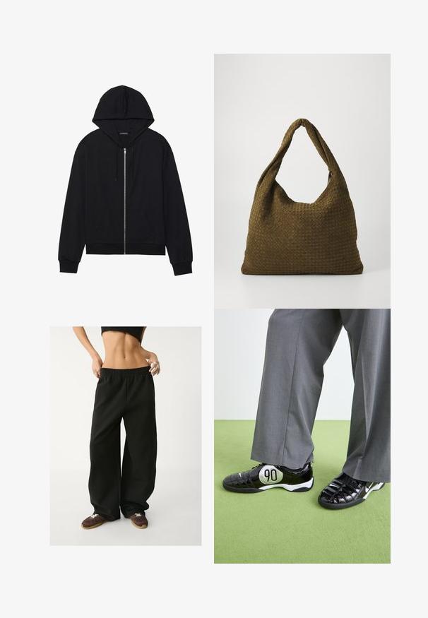 Čierna mikina s kapucňou na zips, predným vreckom, sťahovacou kapucňou a rebrovanými manžetami a lemom. Vyrobená z jemného materiálu s hladkou textúrou.; Poloko s dlhým rukávom v námorníckej modrej a bielej pruhovanej farbe, z bavlnenej látky, s golierom, trojicou gombíkov a malým vyšitým logom na hrudi.; Čierne, široké tepláky s elastickým pásom. Vyrobené z mäkkej látky, s voľným strihom. Skombinované s hnedými teniskami.; Čierne lakované tenisky s detailom strieborného "90", so štruktúrovaným povrchom a viazaním, kombinované so sivými širokými nohavicami.; Tkaná textilná taška olivovej farby s priestranným, zaobleným tvarom a jedným predĺženým uchom na nosenie. Štruktúrovaný povrch.
