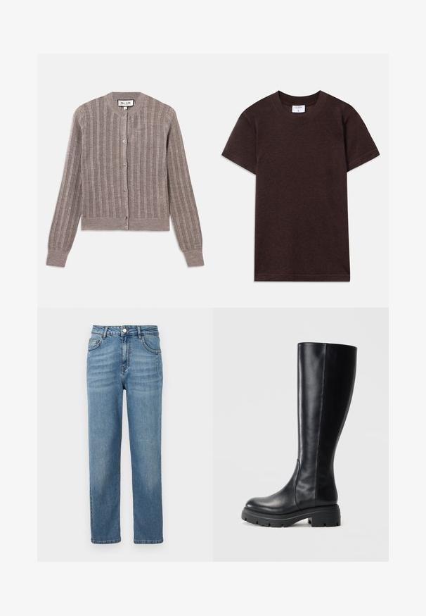 Cardigã cinza canelado com gola redonda, mangas longas e fecho de botão. Apresenta uma textura suave com um brilho subtil.; T-shirt de algodão castanho com gola redonda e mangas curtas. A bainha e as mangas têm um acabamento limpo; sem padrões ou gráficos visíveis.; Jeans de ganga azul claro com corte reto, bolsos frontais visíveis, fecho de botão e ligeira descoloração para textura.; Botas pretas até ao joelho, feitas de couro liso, com ponta arredondada e sola de borracha robusta com padrões de ranhura para tração.