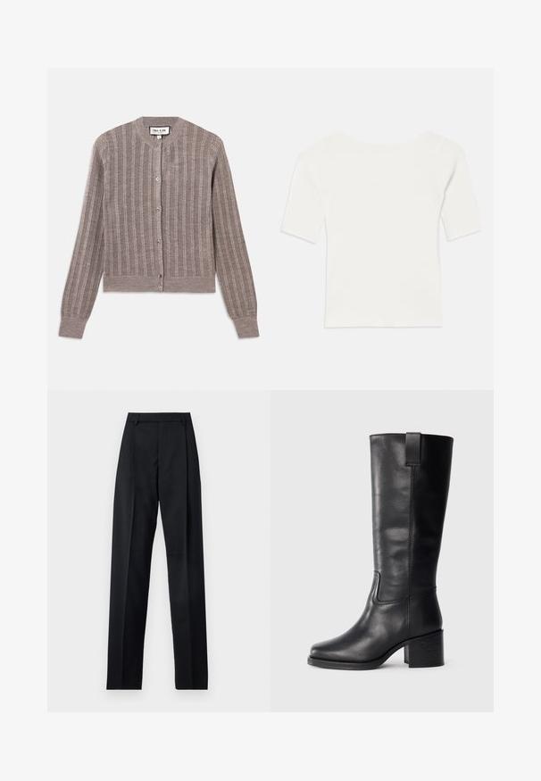 Gray, ribbed cardigan with a crew neck, long sleeves, and button closure. Features a soft texture with a subtle sheen.; White ribbed short-sleeve top with a wide neckline. The texture features vertical stripes, emphasizing a snug fit and simple design.; Black trousers made from smooth fabric featuring a high waist, wide legs, front pleats, and classic belt loops. No side pockets visible.; Black leather knee-high boots with a smooth texture, square toe, block heel, and side pull tab, featuring minimal stitching details.