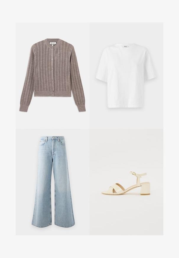 Cardigan gri, cu tiv striat, cu guler rotund, mâneci lungi și închidere cu nasturi. Dispune de o textură moale, cu o strălucire subtilă.; Tricou alb cu mânecă scurtă, realizat din bumbac, cu un guler rotund și o croială lejeră, boxy, având detalii minime de cusătură.; Jeans din denim de culoare albastru deschis, cu talie înaltă, cinci buzunare și închidere cu buton/feronerie. Marginile evazate pentru un plus de volum.; Sandale cu toc din piele patent bej, cu un design cu curea încrucișată, vârf deschis, curea ajustabilă la gleznă și toc pătrat. Textură netedă.