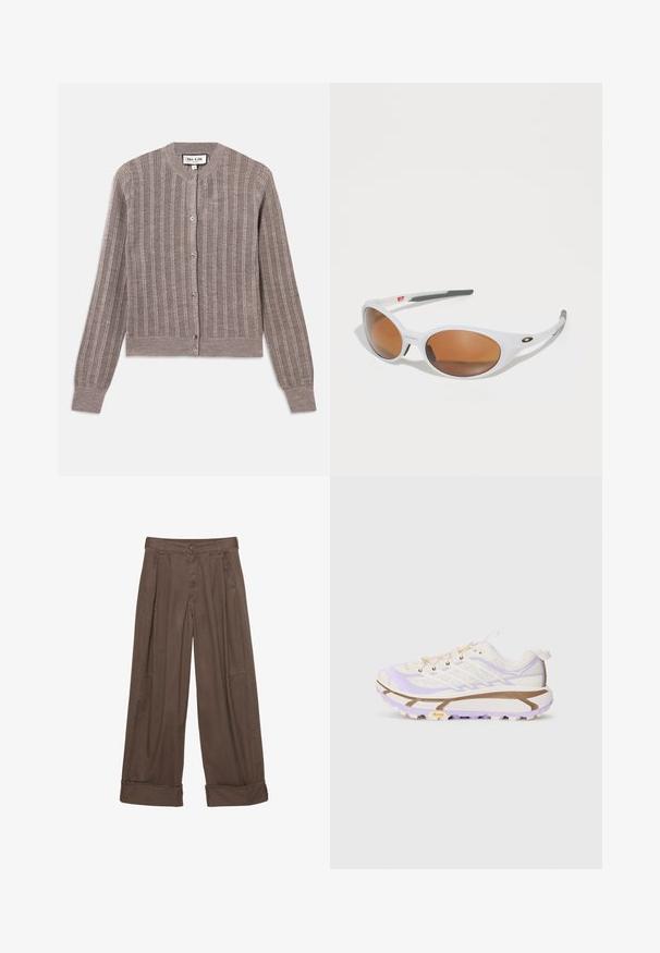 Grijze, geribde cardigan met een ronde hals, lange mouwen en knoopsluiting. Heeft een zachte textuur met een subtiele glans.; Witte t-shirt met korte mouwen, ronde halslijn, ontspannen pasvorm en een licht gebogen zoom. Gemaakt van soepele, zachte stof met minimale naden.; Bruine wijde broek van katoen, met een knoopsluiting, geplooide voorkant en opgerolde manchetten voor een relaxte pasvorm.; Lichte hardloopschoenen met een crème en lavendel kleurige mesh bovenkant, versterkte rubberen zool en kenmerkende groeven voor grip.; Witte zonnebril met bruine lenzen, ovale vorm, gemaakt van glad plastic, met grijze accenten op de armen en een logo op het montuur.