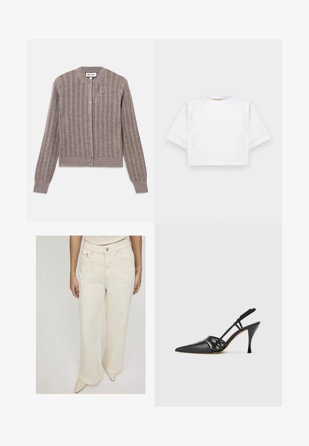 Grå, ribbet cardigan med rund hals, lange ærmer og knaplukning. Har en blød tekstur med en subtil glans.; KFrakelse hvid t-shirt lavet af blødt stof, med korte ærmer, rund halsudskæring og ribbede nederste detaljer. Enkel og udekoreret design.; Cremefarvede wide-leg jeans lavet af denim, med høj talje, forlommer og en enkelt knaplukning for en afslappet pasform.; Sort læder højhælede slingback-sko med spids tå, crisscross-remdesign og slank stiletto-hæl. Glat tekstur og minimale accenter.
