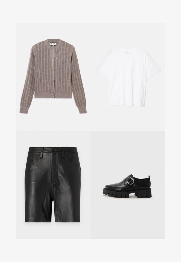 Harmaa, uritettu neuletakki, jossa on pyöreä kaula-aukko, pitkät hihat ja napitus. Ominaisuuksina pehmeä pinta hienovaraisella kiillolla.; Valkoinen puuvillapaita lyhyillä hihoilla, pyöreällä pääntiellä, rentoa tyyliä ja ommeltu helma. Tunniste näkyvissä sisäkauluksessa.; Mustat nahkahousut, joissa on sileä pinta, etuvetoketju, nappikiinnitys ja klassinen viiden taskun muotoilu.; Musta nahkakengät, joissa on paksu, uurrettu pohja, ja pyöreä hopeanvärinen koriste sekä minimaalinen ompelu.