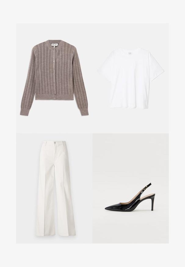 Gray, ribbed cardigan with a crew neck, long sleeves, and button closure. Features a soft texture with a subtle sheen.; White cotton t-shirt with short sleeves, round neckline, relaxed fit, and stitched hem. Label visible on the inside neck.; White wide-leg trousers made from cotton with a smooth texture. Features a front button, zipper fly, and four-pocket design.; Black patent leather slingback pump with pointed toe, slim heel, and a subtle cutout design. Features a gold buckle on the strap.