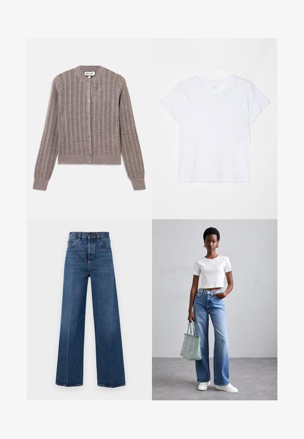 Halljas hall ribidega kardigan ümmarguse kaeluse, pikkade varrukate ja nööpidega kinnitusega. Omab pehmet tekstuuri ja õrna sära.; FRAME BABY TEE - Lihtne T-särk - white; Sinised laiad teksad, mis on valmistatud denimist, kõrge vöökoht, esikotid ja kontrastõmblused. Kangas on sileda tekstuuriga.; Valge ribaga lühike T-särk, helesinised laiad teksad ja valged tossud. Hoides roheline ja valge triibuline kott.