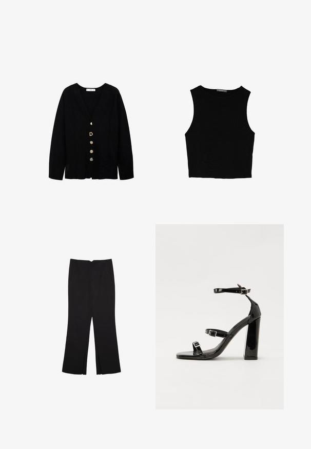 Črni cardigan z V-izrezom, dolgimi rokavi in petimi okrasnimi gumbi v različnih zlatih stilih spredaj. Mehka tkanina z blagim teksturnim videzom.; Črn brez rokavov crop top, izdelan iz gladkega materiala, z okroglim izrezom in čistim, preprostim dizajnom brez vzorcev ali dodatkov.; Črne hlače ravnega kroja z naglavnimi žepi in stranskimi razporki na robu. Narejene iz mehke, gladke tkanine. Primerne za različne priložnosti.; Črne lakirane sandale s peto, kvadratnim prstom, trakovi okrog gležnja in srebrnimi zaponkami. Opremljene so s stabilno Debelo peto.