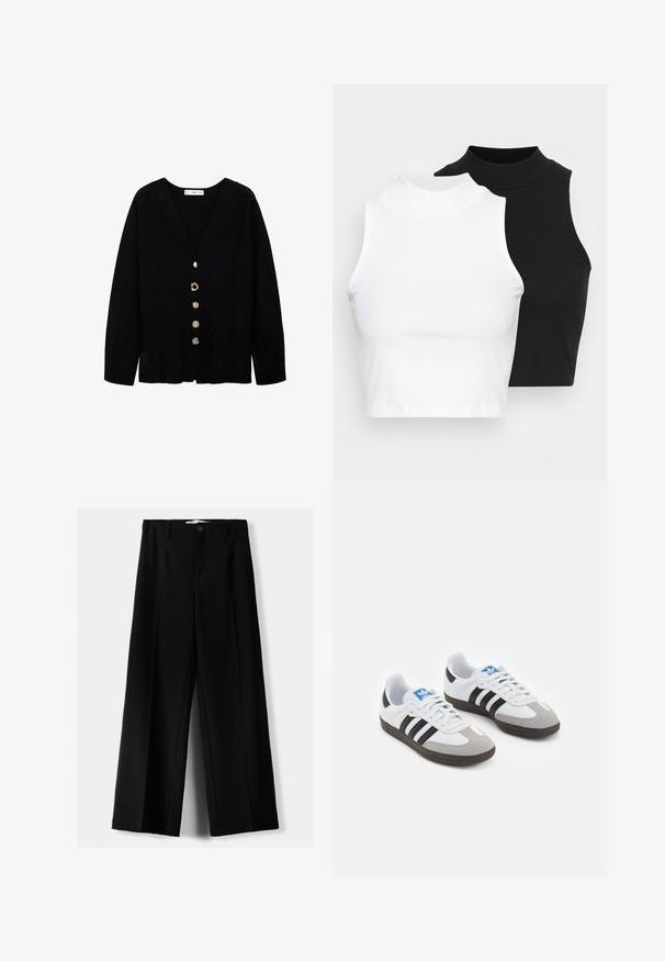 Schwarze Strickjacke mit V-Ausschnitt, langen Ärmeln und fünf dekorativen Knöpfen in verschiedenen Gold-Designs entlang der Vorderseite. Weicher Stoff mit leichter Textur.; Zwei ärmellose, gerippte Rollkragenoberteile in Schwarz und Weiß, mit einer figurbetonten Passform und glatter Textur sowie einer cropped Länge.; Schwarze weite Hosen aus leichtem Stoff, mit einem Knopfverschluss vorne und flachem Bund, mit sorgfältig genähten Säumen.; Sportschuhe mit einem Obermaterial aus weißem Leder, grauer Wildleder-Zehenkappe und drei schwarzen Streifen. Sie verfügen über ein blaues Logo auf der Zunge und eine strukturierte Gummisohle.