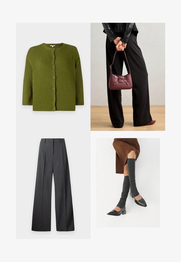 Zeleni rebrasti pleteni kardigan s dugim rukavima i sedam odgovarajućih dugmadi sprijeda, s okruglim izrezom i ravnim rubom.; Bjela košulja na dugih rukava od glatkog pamuka, s klasičnom kragnom i zakrivljenim rubom. Dugmad su mala i bijela.; Hlače širokih nogavica u tamnosivoj tkanini, s visokim strukom, jednim naborom i glatkom teksturom s urednim završetkom na rubovima.; Crne lakirane cipele s šiljastim prstima, blok-petom i remenom oko gležnja, uparene s sivim rebrastim čarapama do koljena i smešnom suknjom od antilopa.; Bordo kožni ručni torba s detaljem u obliku mašne, s tankim remenom i zlatnim hardverom, koju drži osoba u crnim hlačama.