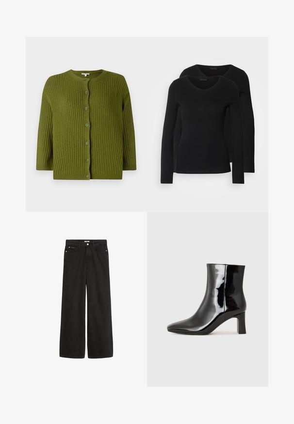Cardigã canelado verde com mangas longas e sete botões correspondentes na frente, apresentando um decote redondo e a barra reta.; Duas camisetas pretas de manga longa com design em V, feitas de um tecido macio e elástico, apresentando uma textura suave e um formato ajustado.; Jeans de denim preto de perna larga com cintura alta. Apresenta cinco bolsos, ferragens metálicas e um acabamento limpo. A textura é suave e macia.; Botim de tornozelo em pele sintética preta com bico apontado e salto bloco de altura média. Textura suave e design minimalista.