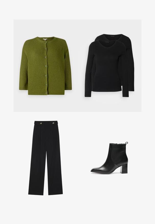 Cardigan en tricot côtelé vert avec des manches longues et sept boutons assortis sur le devant, présentant un col rond et un ourlet droit.; Deux chemises noires à manches longues avec un design en V, fabriquées en tissu doux et extensible, présentant une texture lisse et une silhouette ajustée.; Pantalons larges noirs à taille haute, avec des détails de boutons à la taille et des plis sur le devant.; Bottes noires en cuir à hauteur de cheville avec un bout arrondi, un talon bloc de hauteur moyenne et une languette à l'arrière. Texture lisse, design minimal.