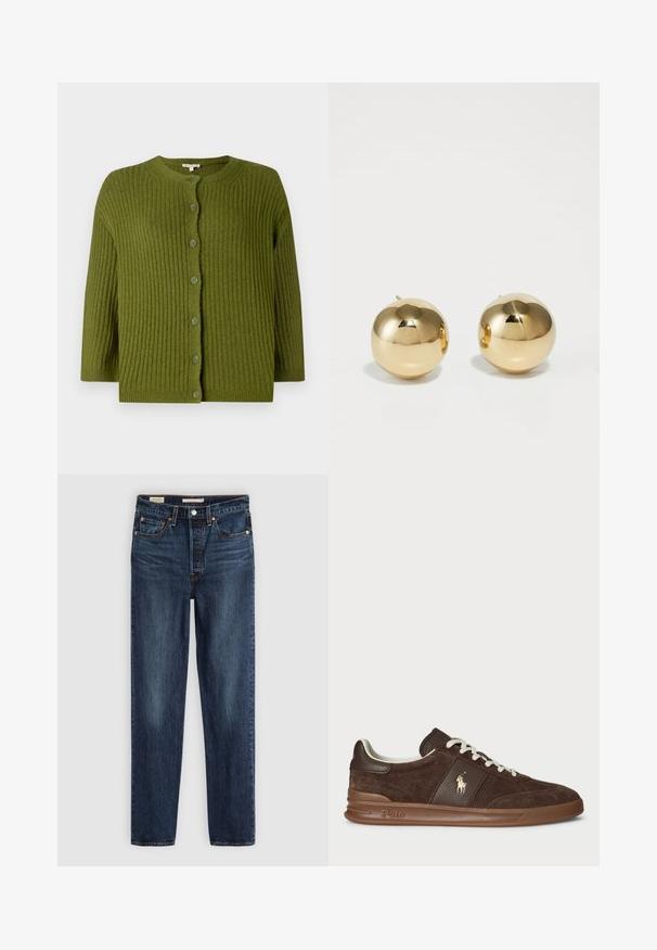 Grön ribbad stickad cardigan med långa ärmar och sju matchande knappar fram, med rund halsringning och rak nederkant.; Mörkbrun bomullströja med rund halsringning, korta ärmar och avslappnad passform. Enkelt design utan synliga mönster eller detaljer.; Mörkblå raka jeans med fem fickor, knapp- och dragkedjestängning och kontrastsytt.; Bruna mockaskor med texturerade paneler, vita snörningar och en gul logotyp. Har en gummisula och en vadderad krage för komfort.; Guld runda studsörhängen med en polerad yta och liten post. Har en slät textur och reflekterande yta.