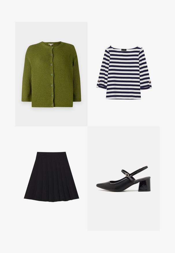 Grønn ribbestrikket cardigan med lange ermer og syv matchende knapper foran, med rund hals og rett kant.; Marineblå og hvit stripete langermet topp med båthals og gullknapper på rullede ermer. Myk stoff, avslappet passform.; Svart plisserte skjørt laget av teksturert stoff med en tettsittende linning. Går til knelengde, med en glatt, ren silhuett.; Sorte lakk lær slingback hæler med spiss tå, et avrundet utskjæringsdesign og blokkheel. Har en gulltone spenne som detalj.