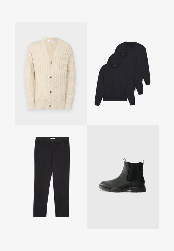 Beige kabelstrikket cardigan med V-hals, fem knapper foran, ribbede mansjetter og nederkant, samt teksturert stoff gjennom hele plagget.; Tre svarte langermede skjorter laget av myk stoff, med runde halslinjer og tettsittende mansjetter. Minimalistisk design uten synlige mønstre.; Sorte bomullbukser med smal passform, med to sidelommer og knappelukking foran. Teksturert stoff med subtile detaljer.; Sorte skinn Chelsea-støvler med elastiske sidepaneler, hemper, rund tå og teksturert gummisåle. Glatt overflate og robust design.