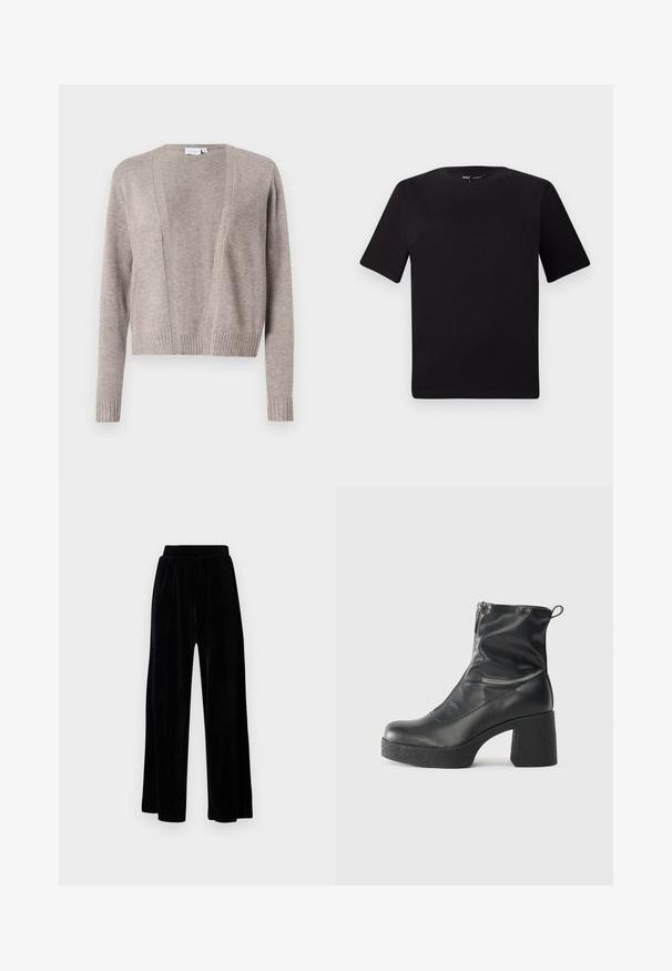 Világos bézs kardigán, puha anyagból készült, rövid fazonú, nyitott elülső részű, hosszú ujjú és bordázott mandzsettával.; Fekete, rövid ujjú póló, kerek nyakkal, puha pamutból készült. Egyszerű dizájn, nincs látható logó vagy minta.; Fekete, széles szárú nadrág puha velúrból, rugalmas derékkal és sima textúrával, látható díszítés vagy mintázat nélkül.; Fekete bokacsizmák sima bőrből, oldalsó cipzárral, vastag, texturált sarkú és lekerekített orrú dizájnnal.