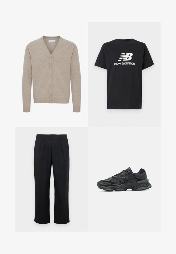 Beige neuletakki, joka on valmistettu pehmeästä kankaasta ja jossa on V-pääntie, seitsemän napin sulkeminen, ribbauskankaiset hihansuut ja helma, sekä sileä pinta.; Musta puuvillainen T-paita, jossa on valkoinen New Balance -logo ja graafinen design edessä. Lyhyet hihat ja pyöreä kaula-aukko.; Mustat housut suoran istuvuuden omaavilla, edessä olevaa laskosta, nappikiinnityksellä ja sileällä kangaspinnalla.; Musta juoksukenkä, jossa on yhdistelmä verkko- ja synteettisiä materiaaleja, paksu pohja, kaareva muotoilu ja näkyvä brändäys sivussa.