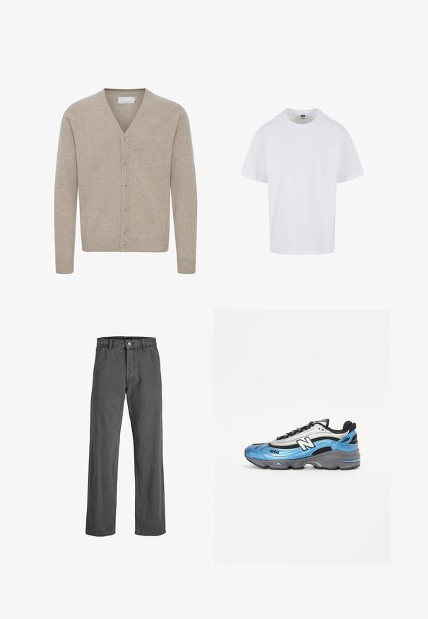 Beige Cardigan aus weichem Stoff, mit V-Ausschnitt, sieben Knöpfen, gerippten Bündchen und Saum sowie einer glatten Textur.; Weißes Baumwoll-T-Shirt mit Rundhalsausschnitt, kurzen Ärmeln und geradem Saum. Der Stoff wirkt glatt und hat einen klassischen, lässigen Schnitt.; Dunkelgraue weit geschnittene Jeans aus Denim. Mit einem Frontknopf- und Reißverschluss, Gürtelschlaufen und einem klassischen Fünf-Taschen-Design.; Blauer und silberner Sportschuh aus Mesh und synthetischen Materialien, mit einer dicken grauen Sohle und auffälligen schwarzen Akzenten. Modellnummer 1000 sichtbar.