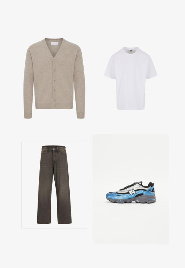 Beige cardigan van zacht materiaal, met een V-hals, sluiting met zeven knopen, geribbelde manchetten en zoom, en een gladde textuur.; Witte katoenen t-shirt met een ronde halslijn, korte mouwen en een rechte zoom. De stof lijkt soepel met een klassieke, relaxte pasvorm.; Wijde jeans in donkergrijze denim met een hoge taille, een klassieke vijf-pocketontwerp en contrasterende stiksels langs de naden.; Blauw en zilver sportief schoen van mesh en synthetische materialen, met een dikke grijze zool en opvallende zwarte accenten. Model nummer 1000 zichtbaar.