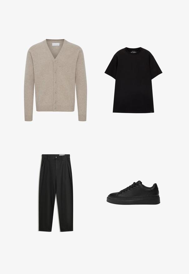 Bež kardigan iz mehkega blaga, z v-izrezom, zapiranjem na sedem gumbov, rebrastimi manšetami in robom ter gladko teksturo.; PULL&BEAR JOIN LIFE - Navadna majica - black; Črne bombažne hlače s sproščenim krojem, ki vključujejo klasičen pas, sprednje gube in stranske žepke. Gladka tekstura brez vzorcev.; Črne superge iz gladke usnje, z okroglo konico, debelim platformastim podplatom in tradicionalnim vezalnim dizajnom z šestimi odprtinami za vezalke.